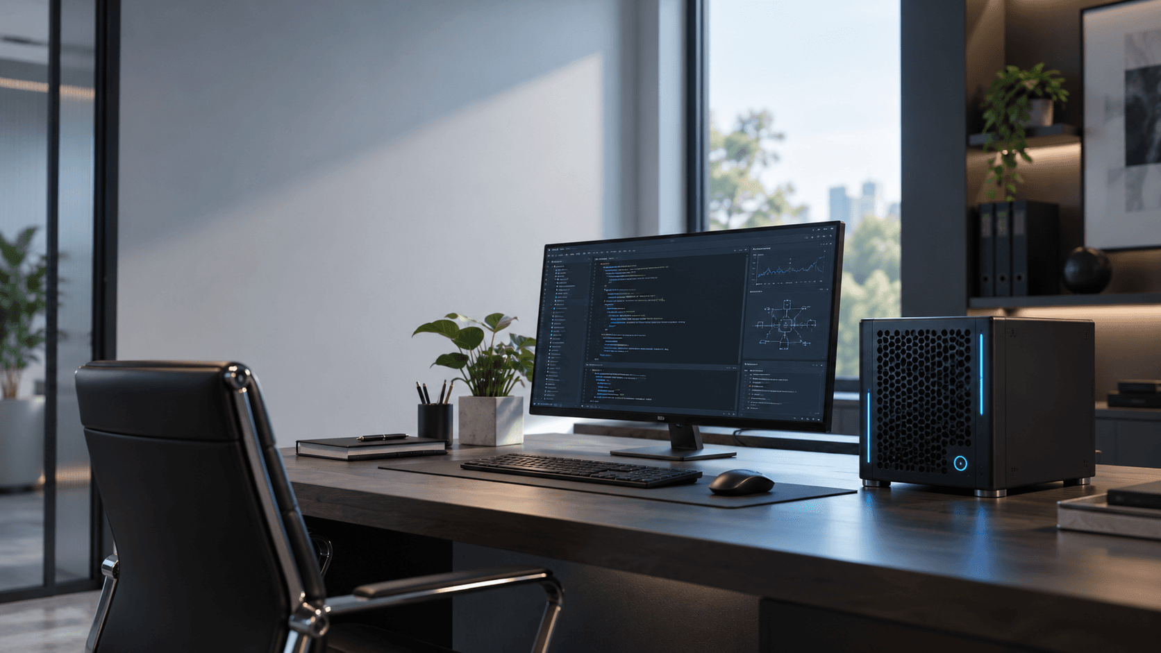 Sleek workspace featuring a coding monitor, compact PC with blue lights, and leather chair.
