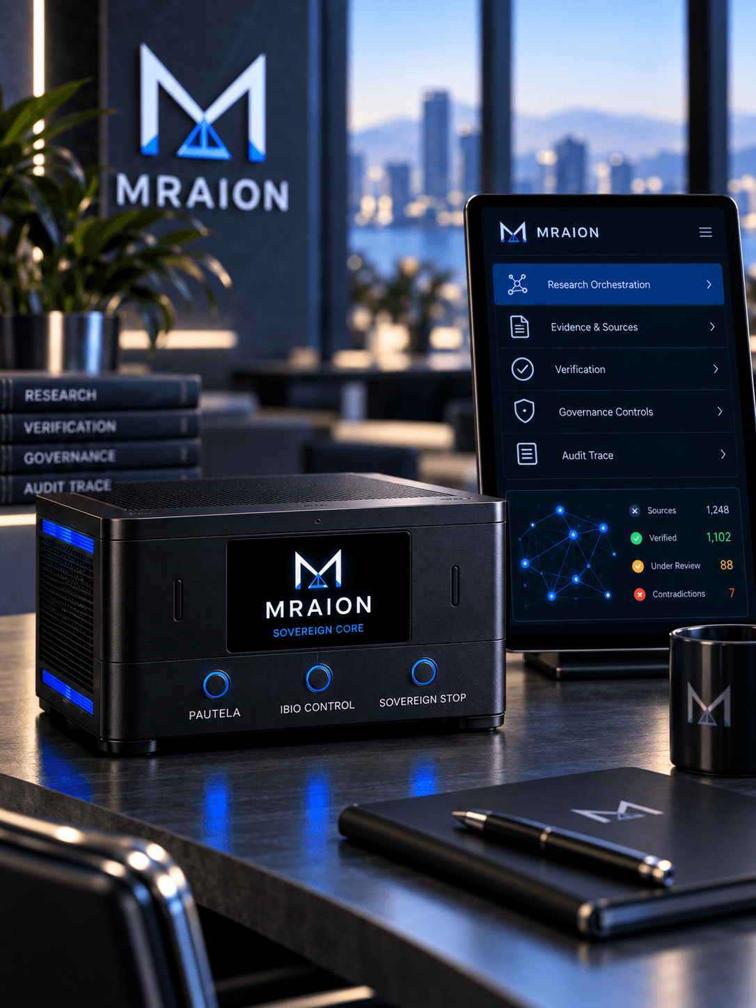 Sleek MRAION Sovereign Core hardware on a desk with a tablet showing research orchestration data.