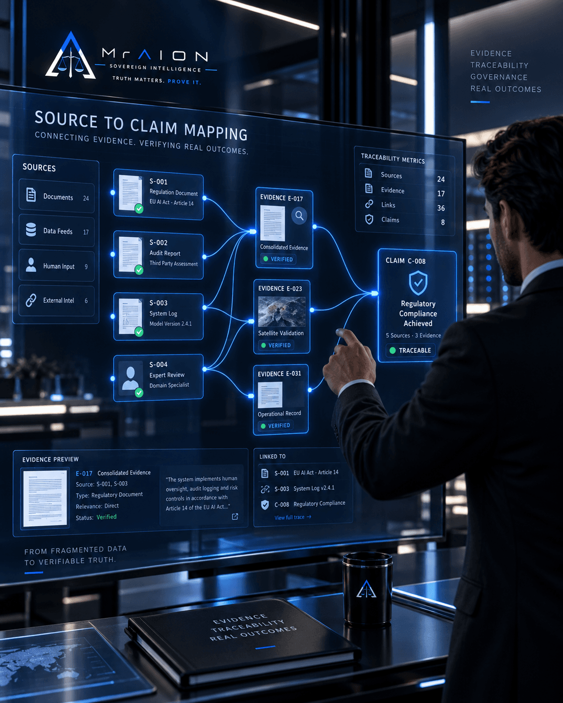 Man interacting with a transparent digital interface displaying source-to-claim mapping and data verification.