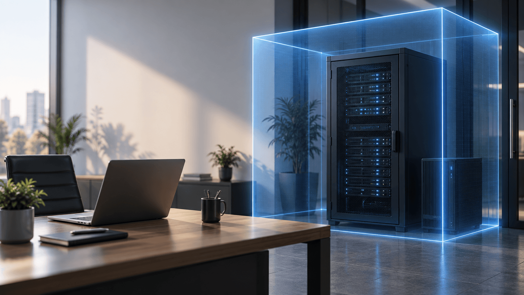 Server rack enclosed in a glowing blue holographic cube in a modern office environment.