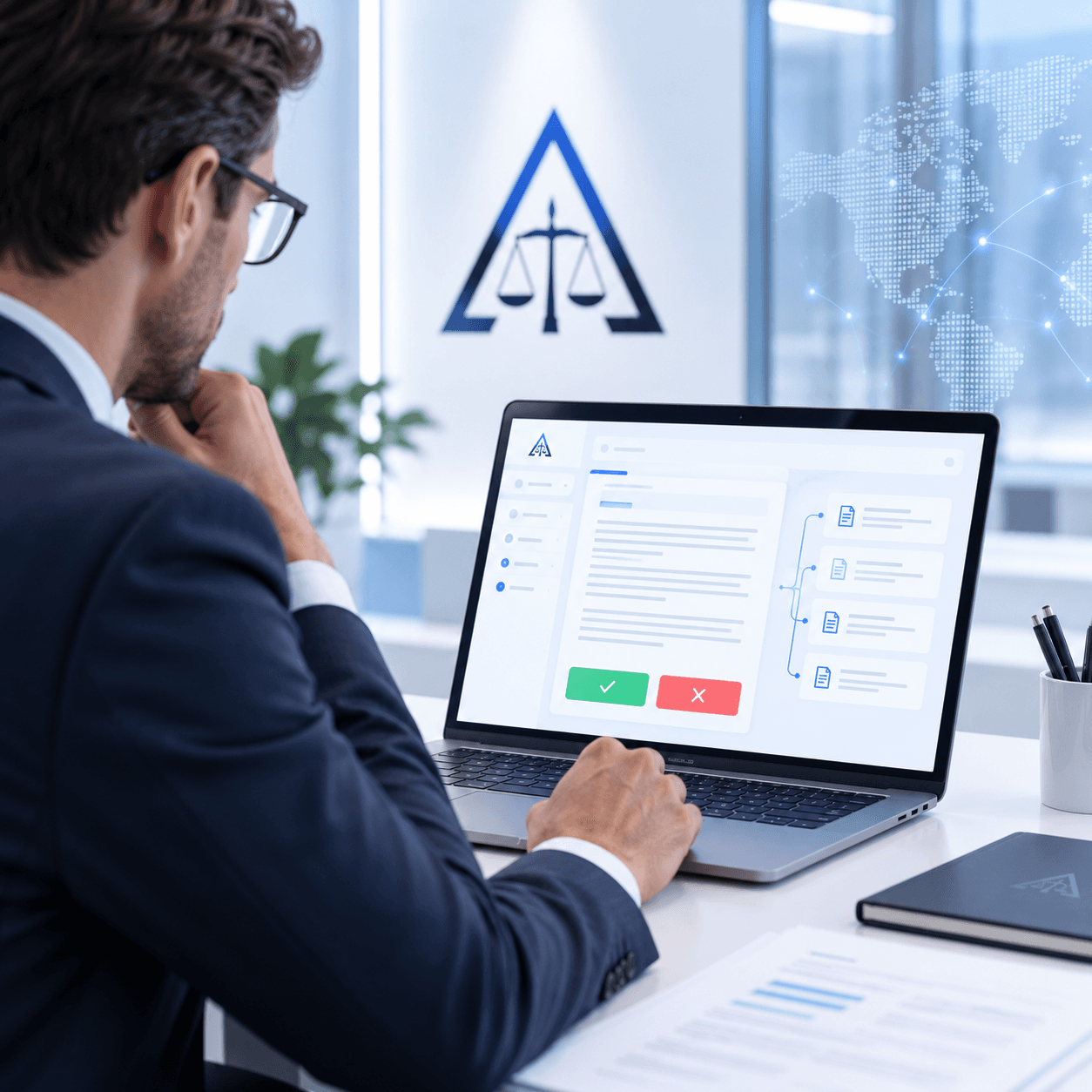 Man in a suit reviews legal documents on a laptop in a modern office.
