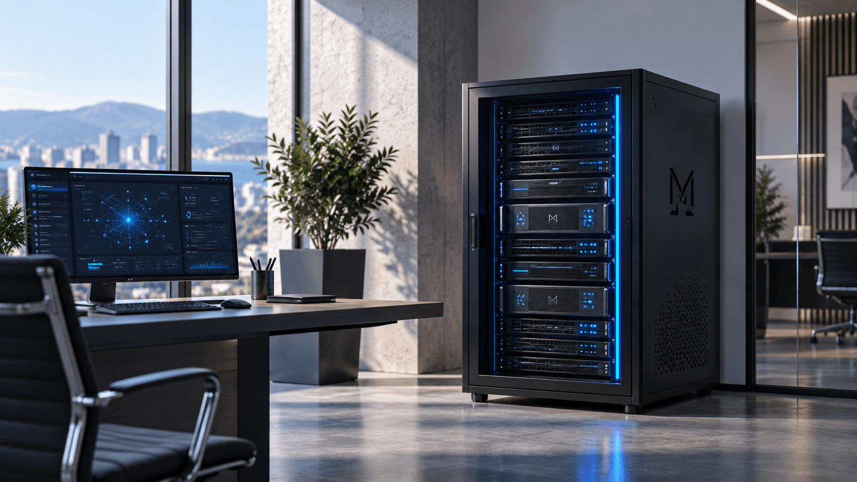 Glowing blue server rack in a modern office with a city view and computer workstation.