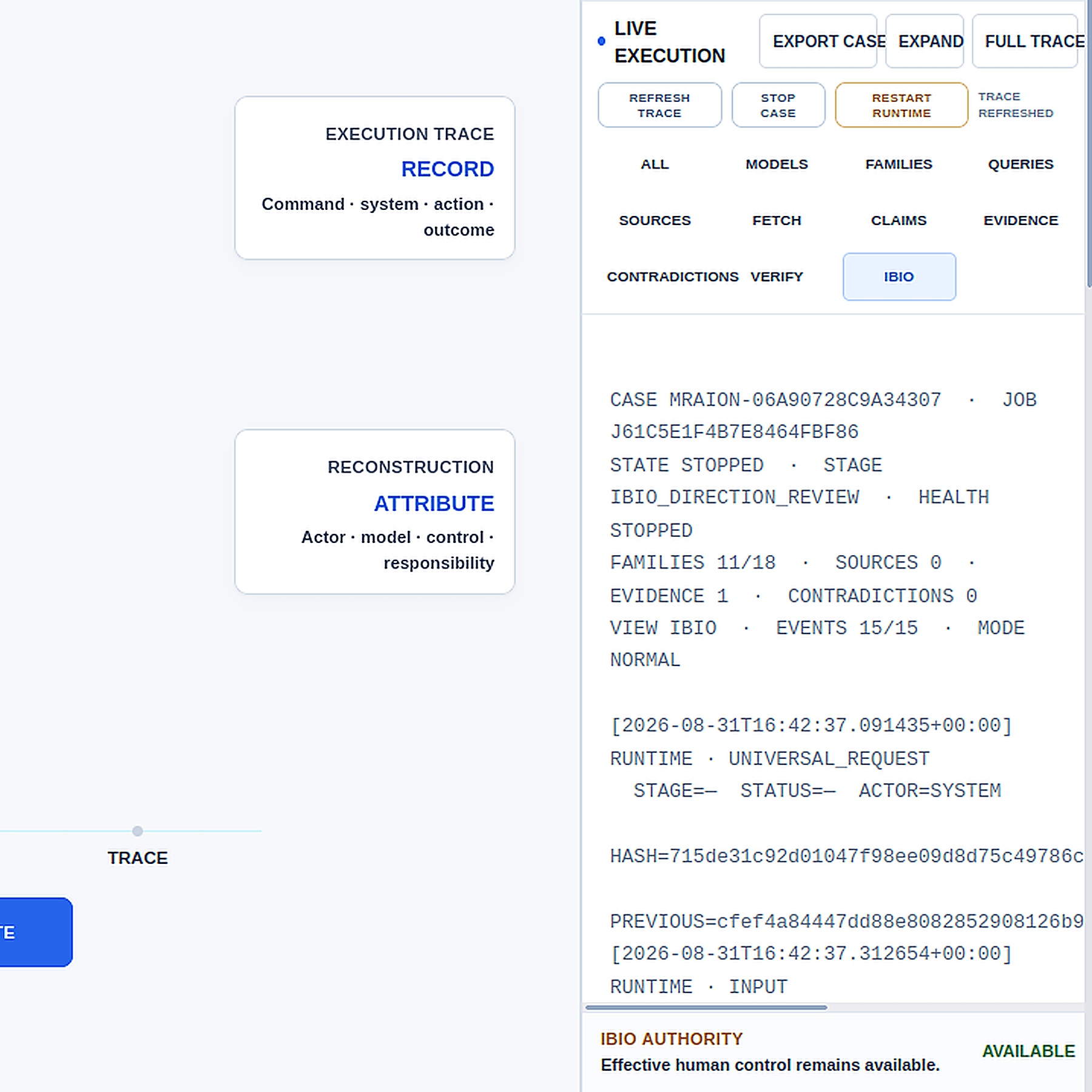 Technical dashboard displaying live execution trace data, case details, and detailed system runtime logs.