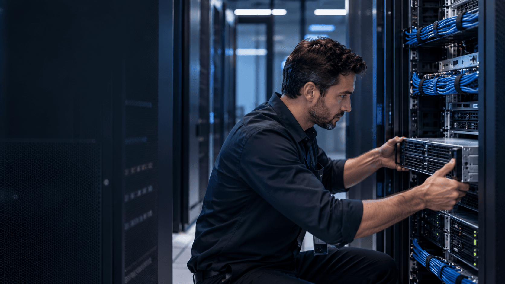 Technician installs a server unit into a rack in a modern, blue-lit data center.