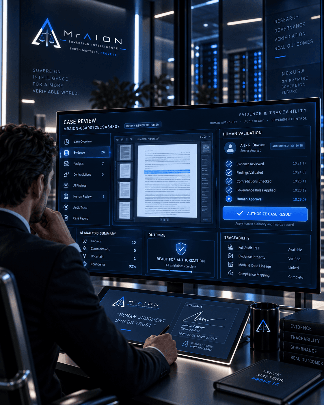 A professional reviews AI-generated case data and provides human validation on a futuristic dashboard.