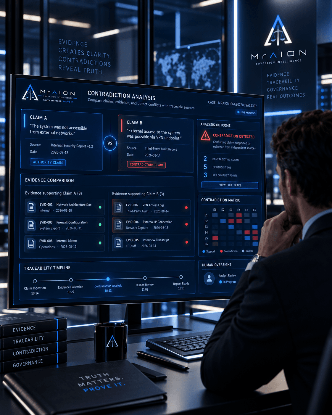 Man in a suit reviews a complex contradiction analysis dashboard on a large computer monitor.