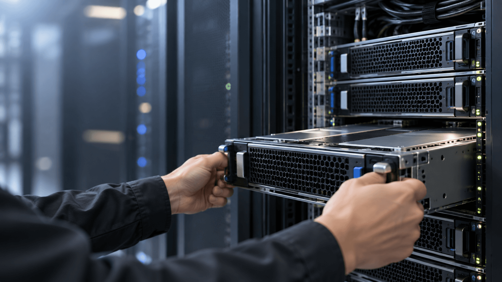 Hands of a technician installing a server blade into a data center rack.