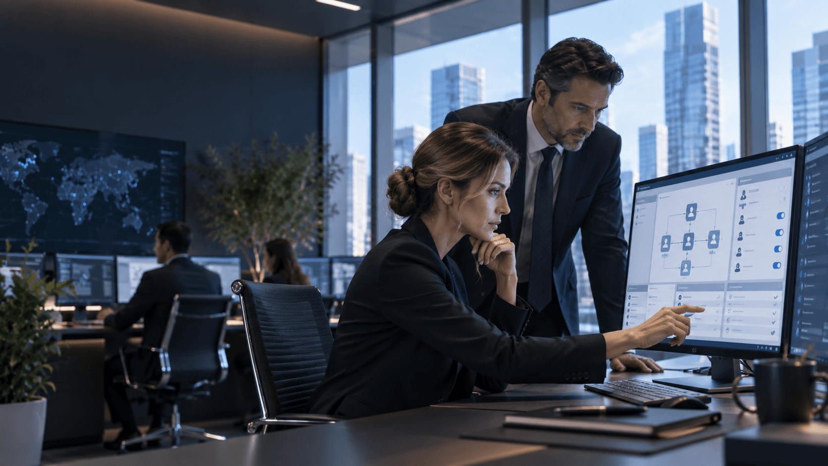 Two professionals in suits analyze data on a computer screen in a modern corporate office.