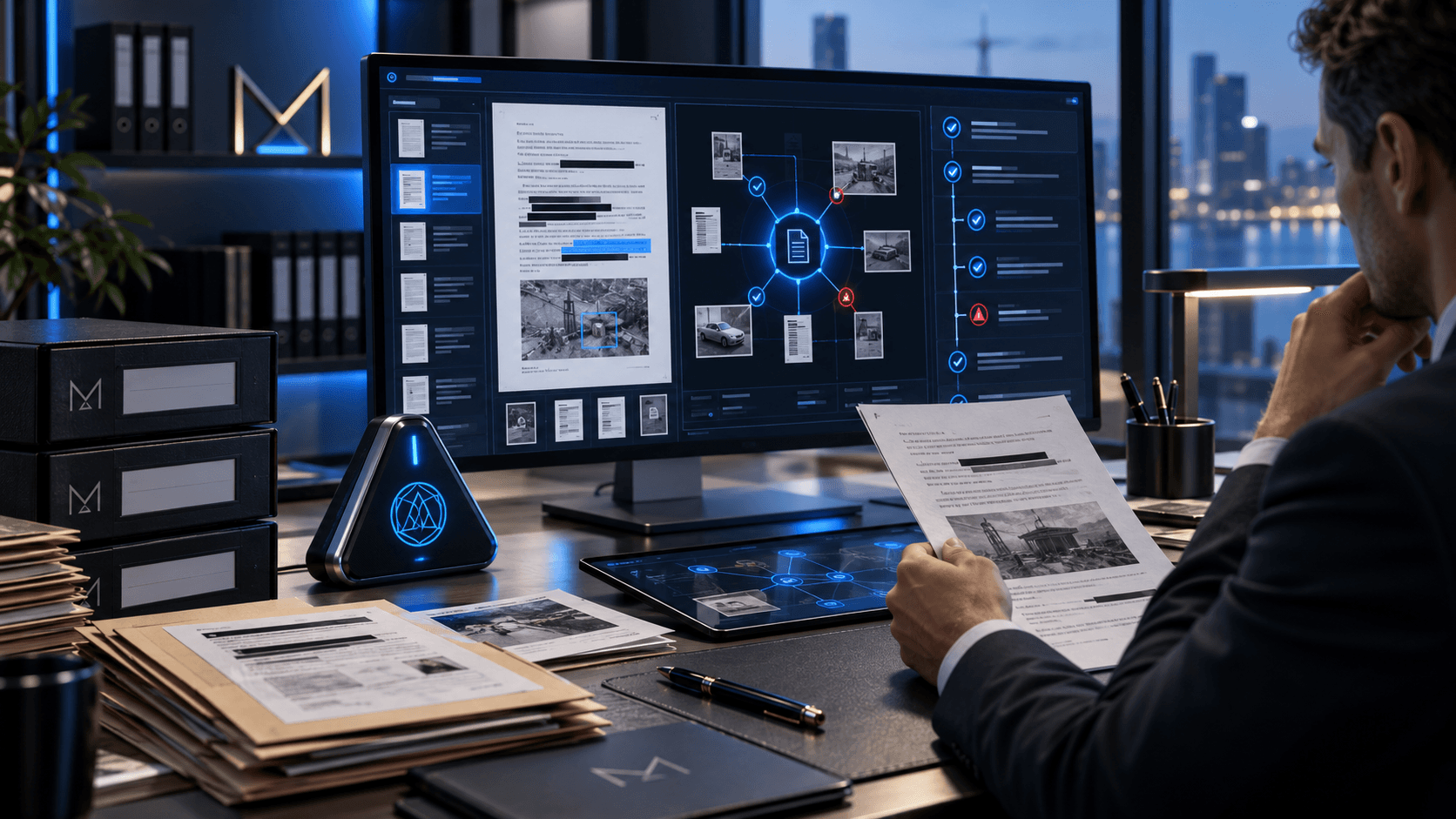 Professional analyzing complex data on a monitor and documents in a modern office at night.