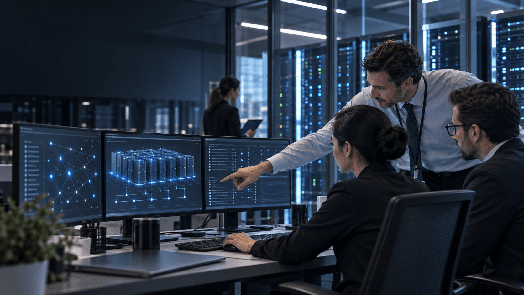 Three professionals analyze complex network data on multiple monitors within a modern, high-tech server room.