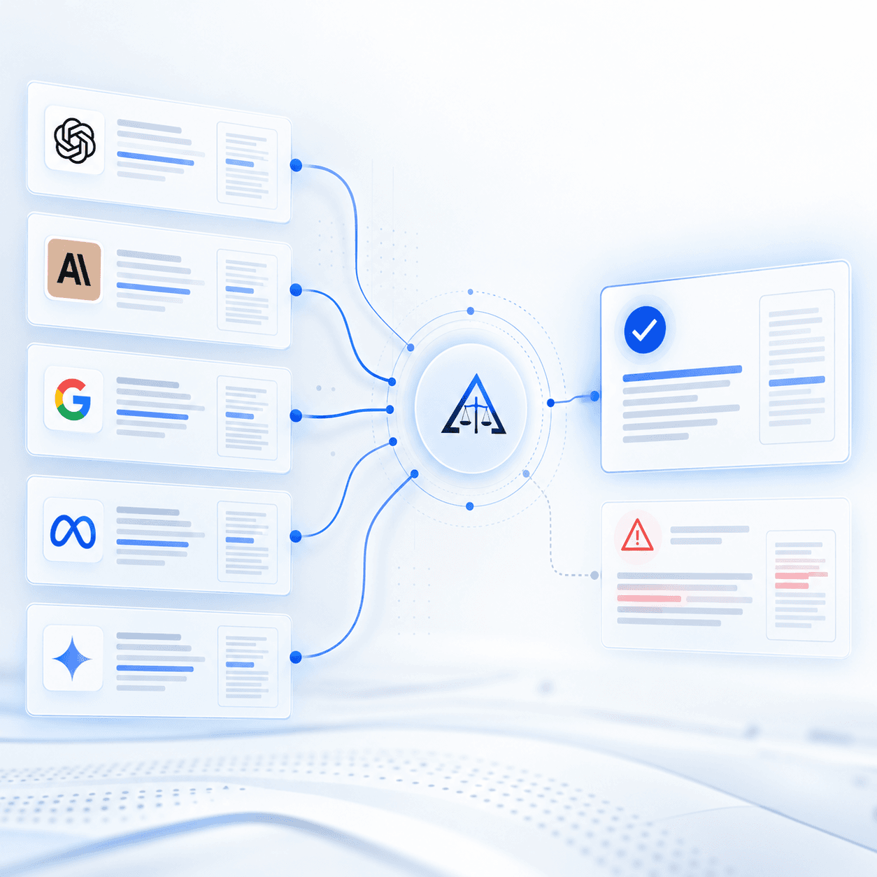 AI company logos connecting to a central legal icon for compliance and risk assessment.