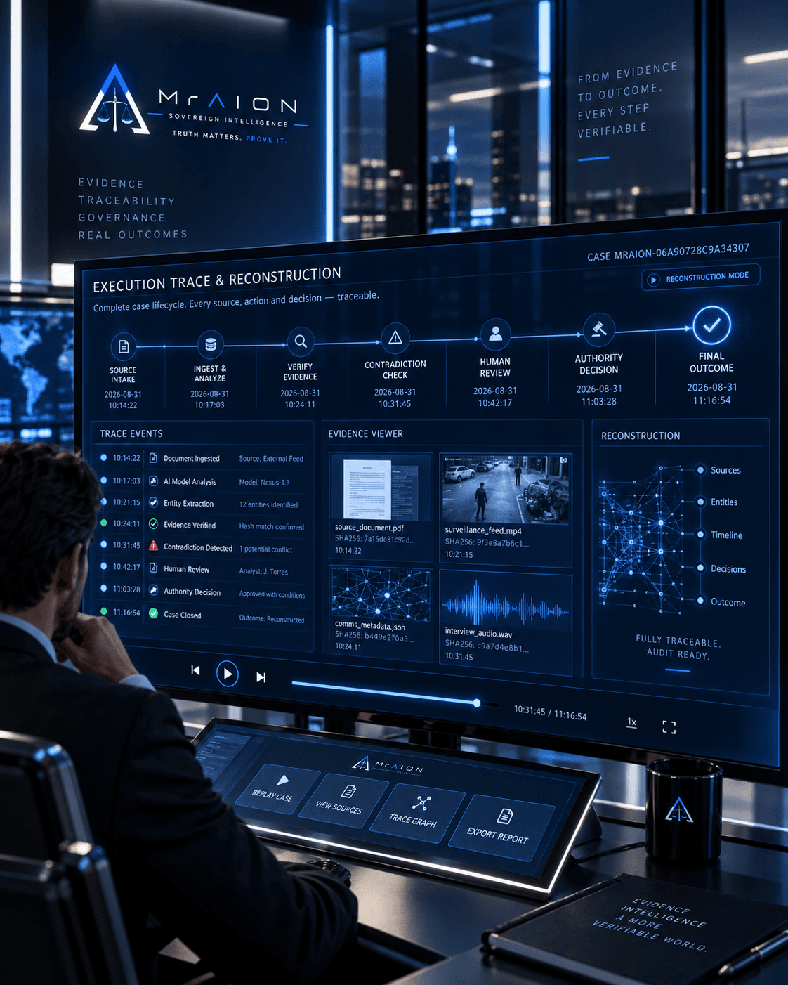 Professional analyzing a futuristic digital dashboard for evidence trace and case reconstruction.