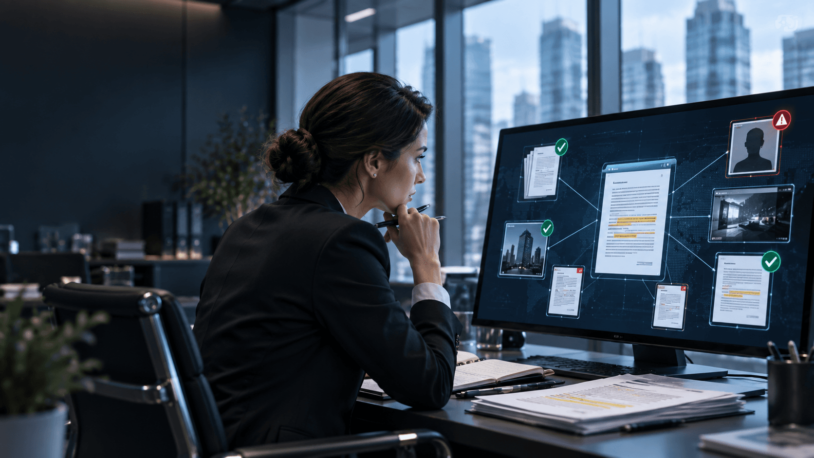Professional woman analyzes interconnected digital documents and security data on a large office monitor.