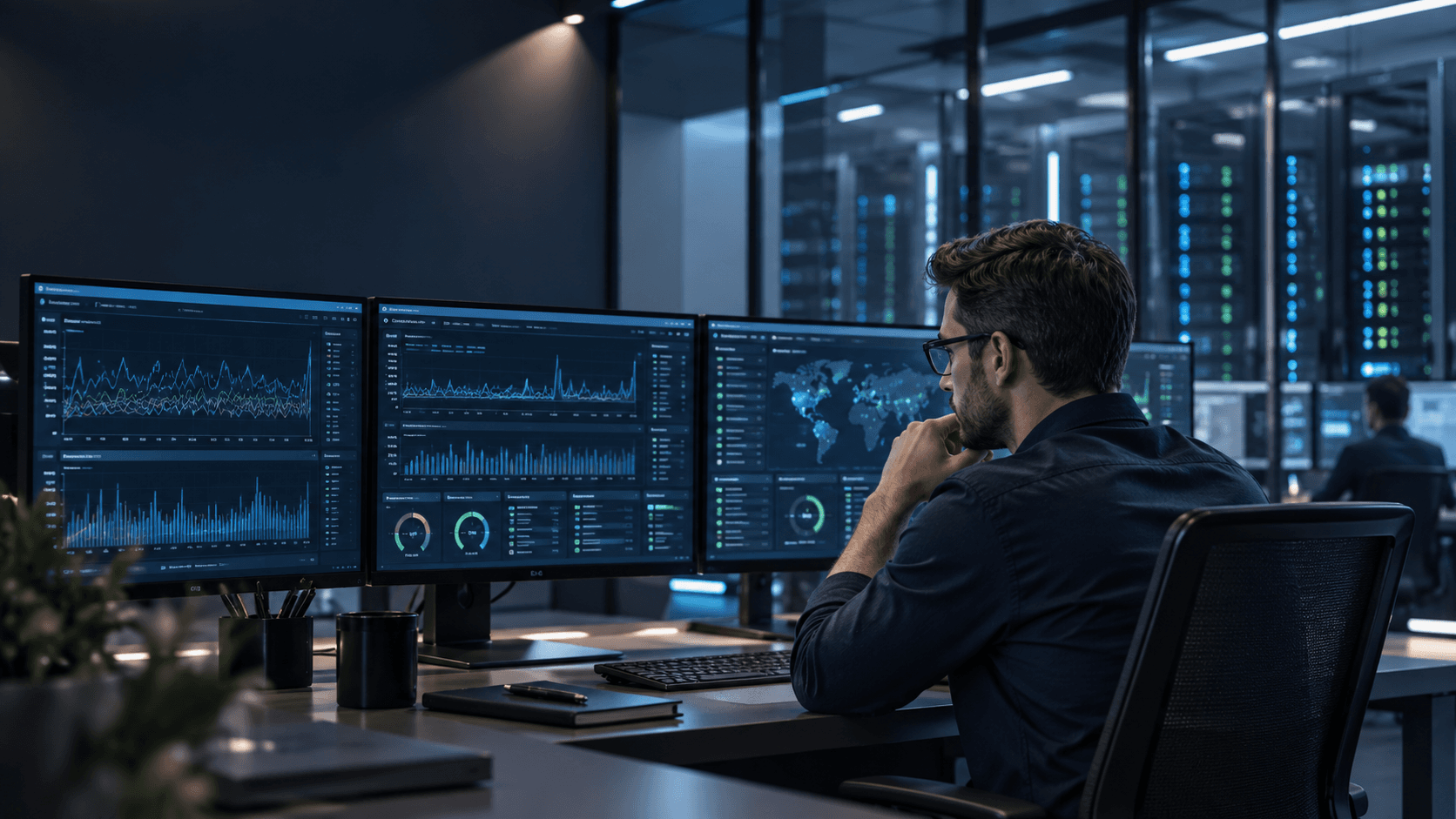 IT specialist monitoring complex data dashboards and global maps across three large computer screens.