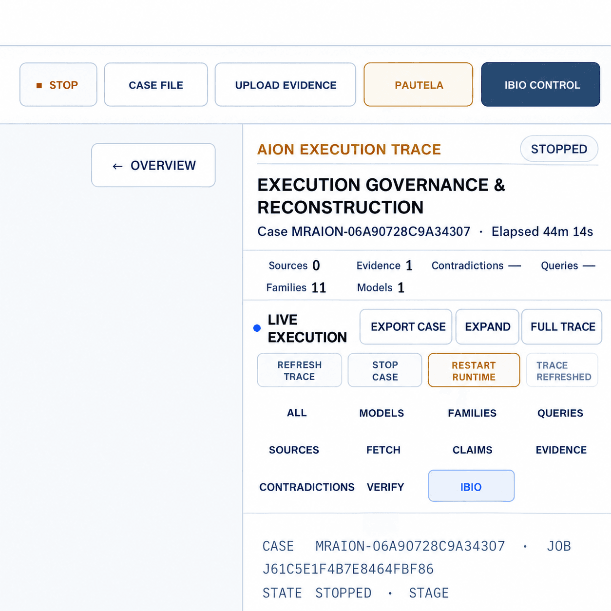 AION Execution Trace dashboard showing a stopped case with statistics and various control buttons.