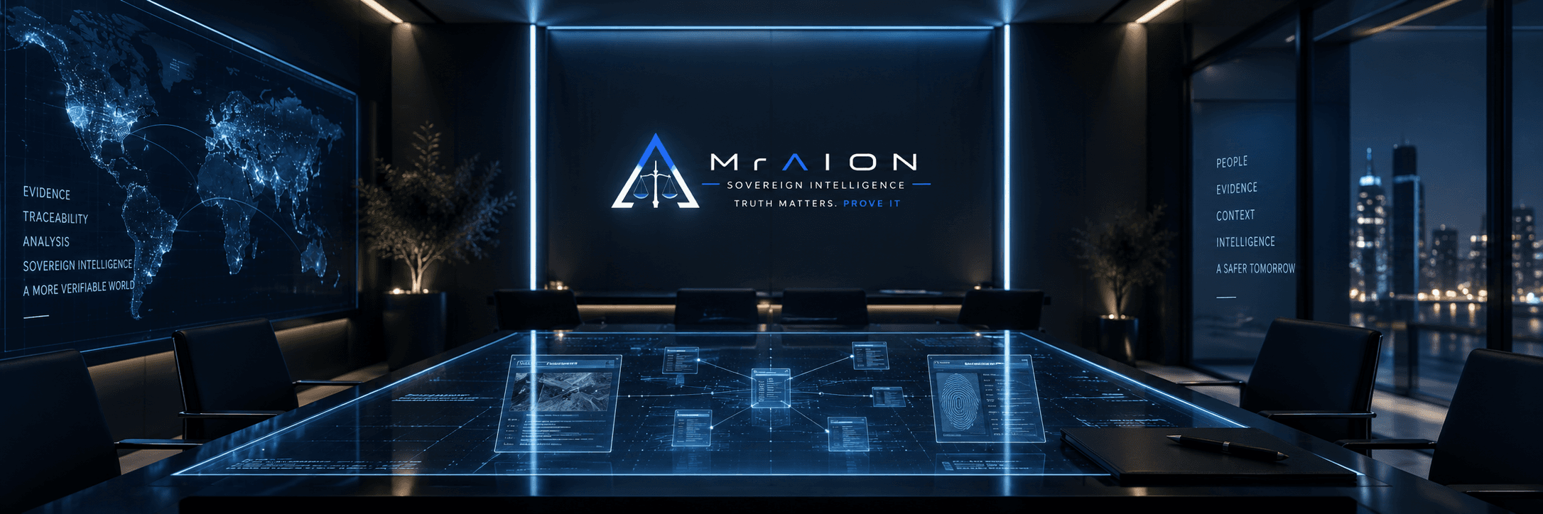 Futuristic boardroom with glowing blue digital displays, world map, and a high-tech data table.