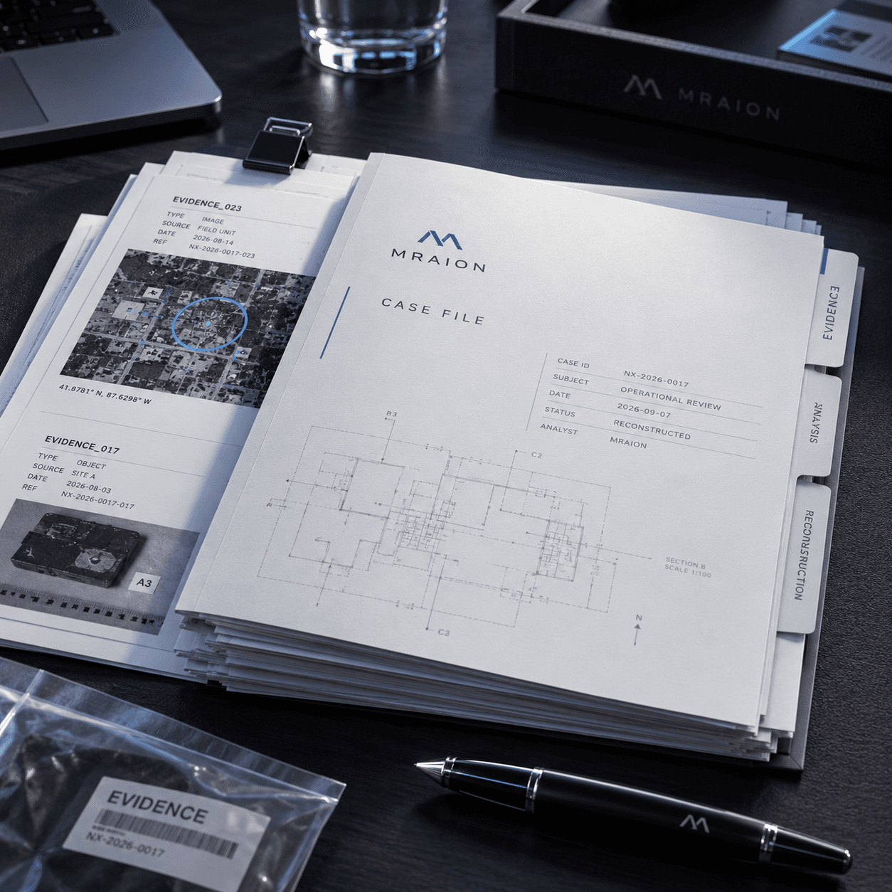 MRAION case file folder featuring blueprints, evidence documents, and a forensic bag on a dark desk.