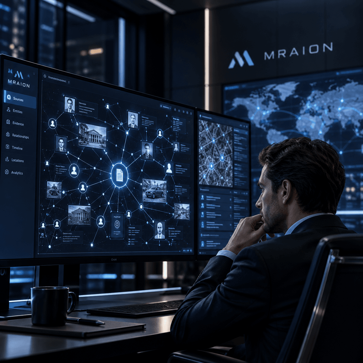 Man in a suit analyzing a complex network of people and locations on multiple screens.