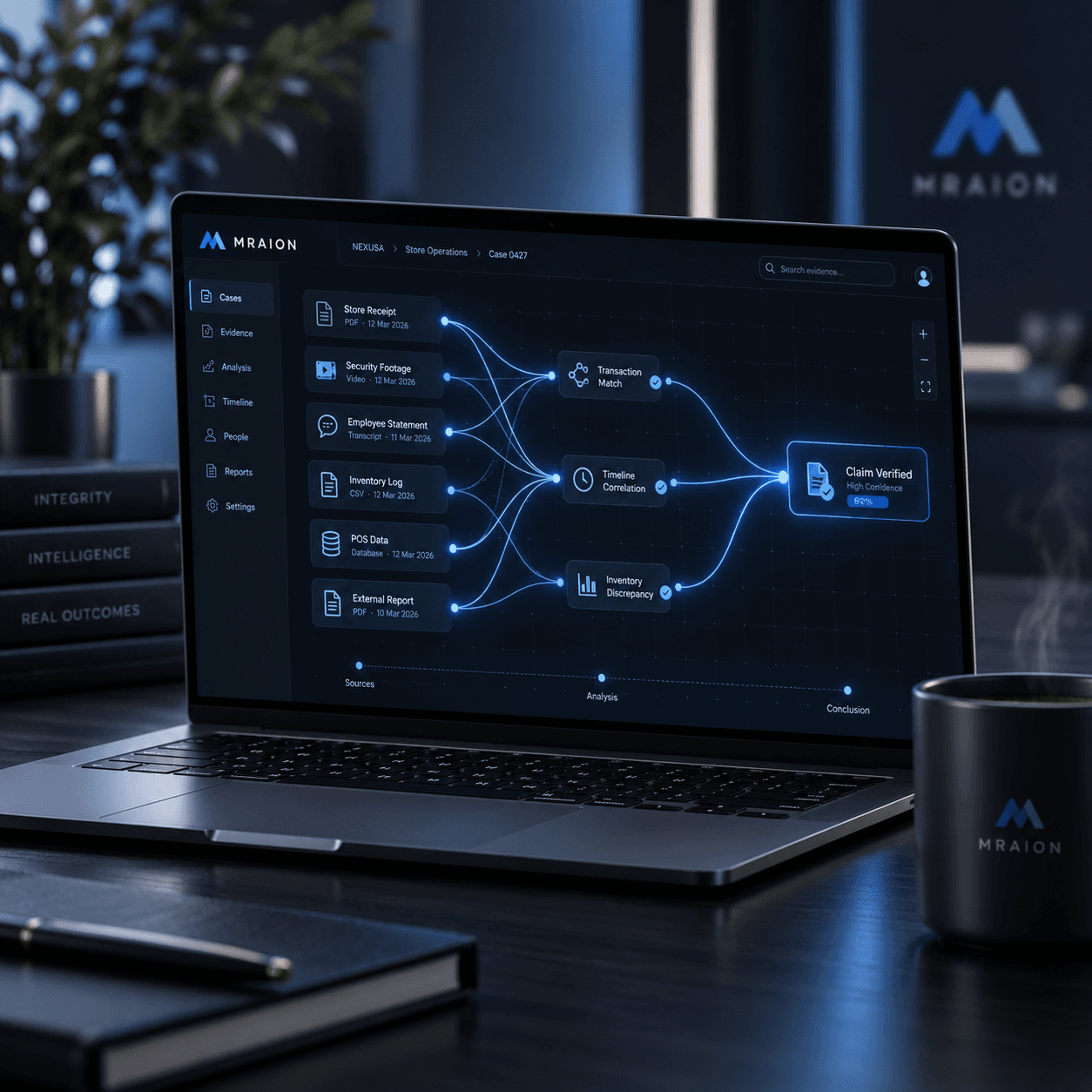 Laptop displaying MRAION software with a data analysis flowchart on a professional office desk.