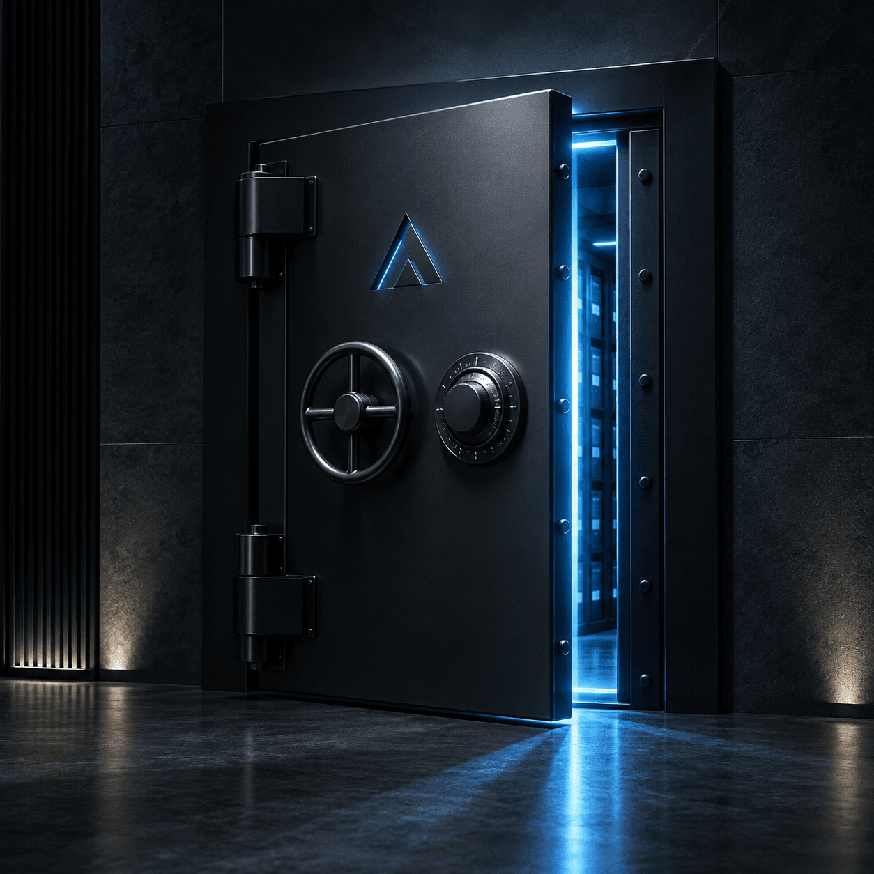 Slightly open black vault door with a glowing blue logo and bright interior light.