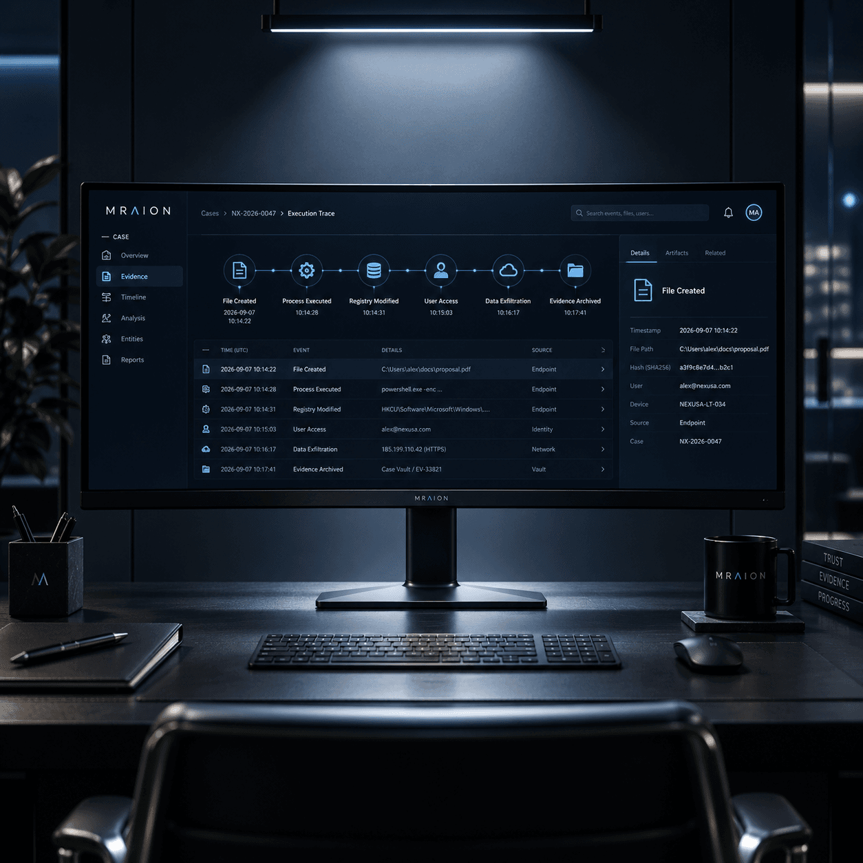 Cybersecurity interface on a monitor displaying an execution trace timeline in a dark office setting.