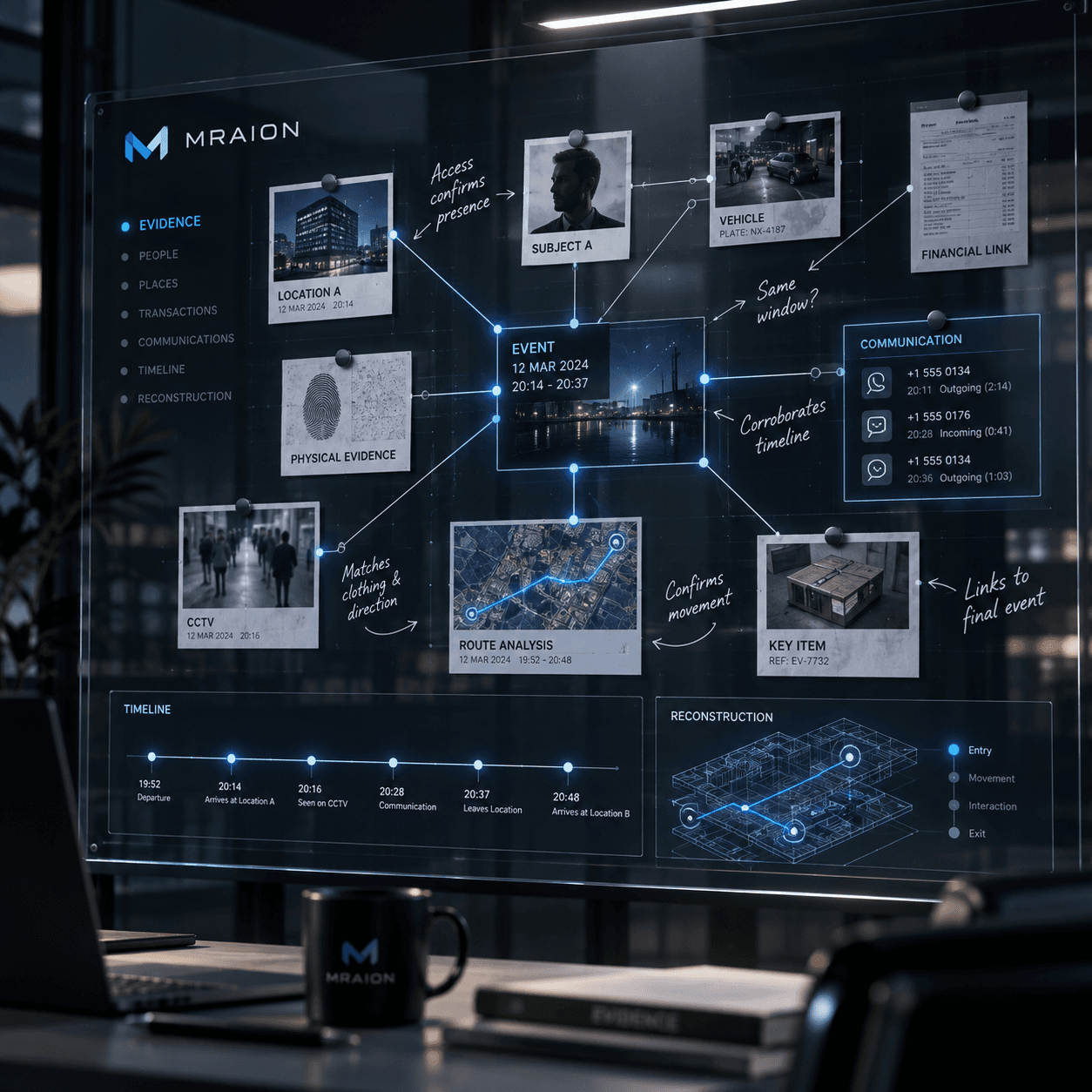 Digital investigation board on a transparent screen displaying linked photos, maps, and forensic data.