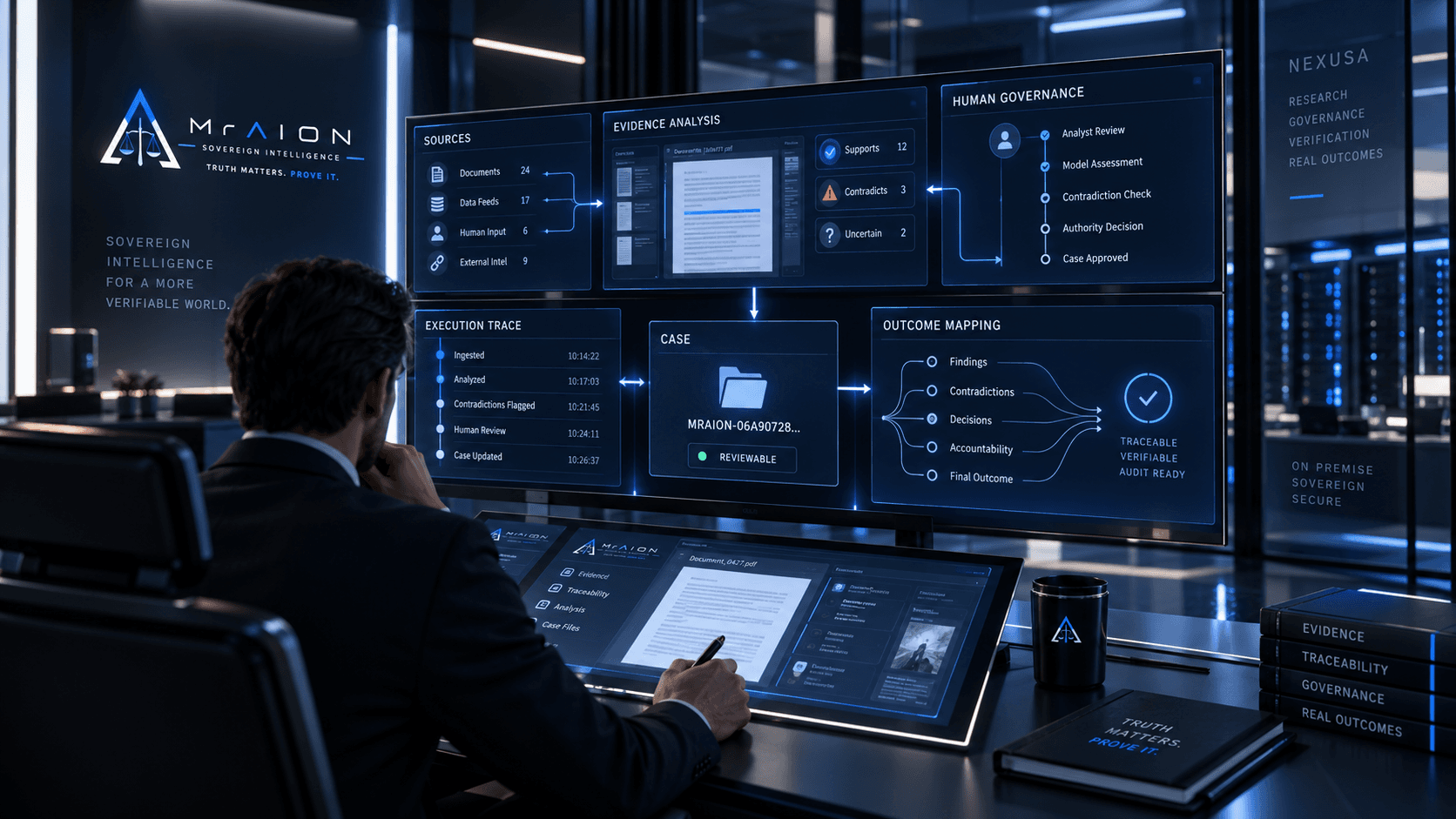 Analyst at a futuristic workstation monitors a large screen displaying complex data for sovereign intelligence.