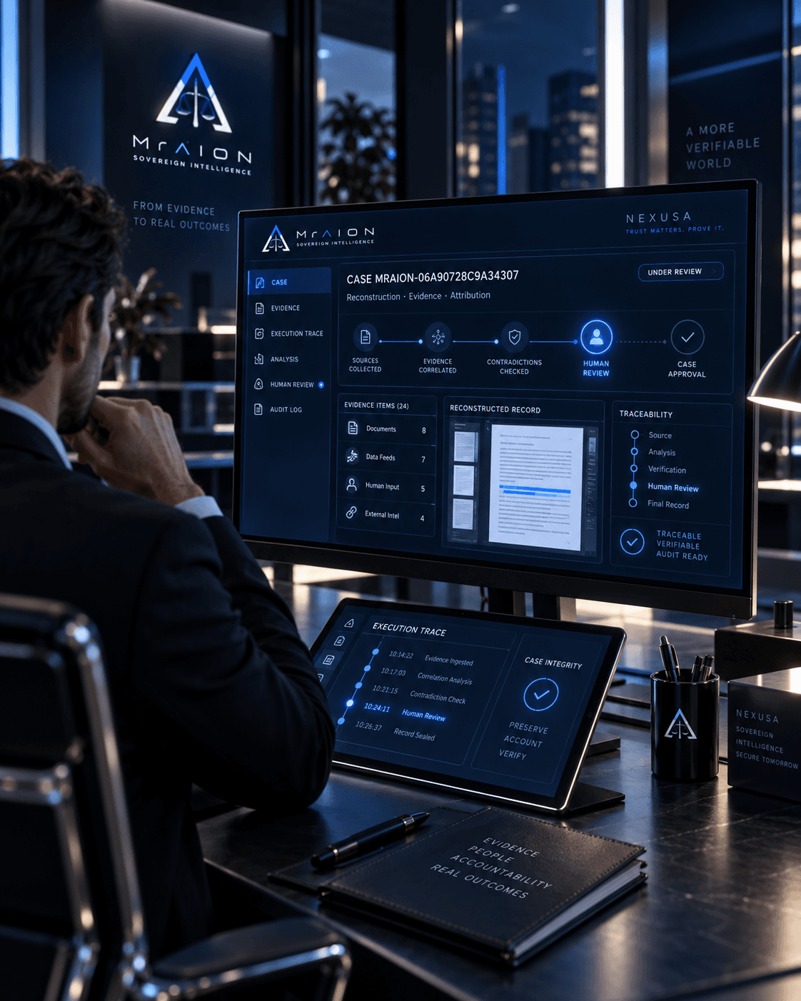 Man in a suit reviews a sophisticated intelligence dashboard displaying evidence analysis on multiple screens.