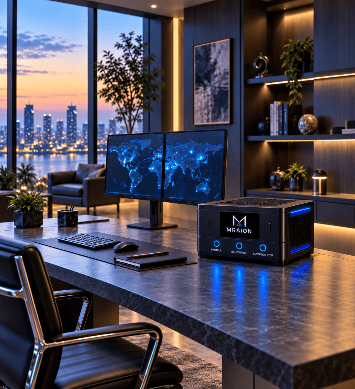 Modern desk featuring dual monitors, a glowing high-tech device, and a sunset city skyline view.