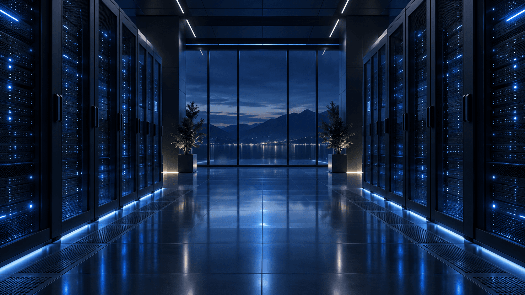 Modern server room with glowing blue racks overlooking a scenic mountain lake at night.