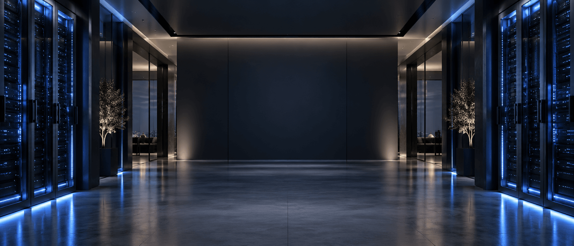 Symmetrical futuristic server room with glowing blue racks, polished floors, and a dark minimalist aesthetic.