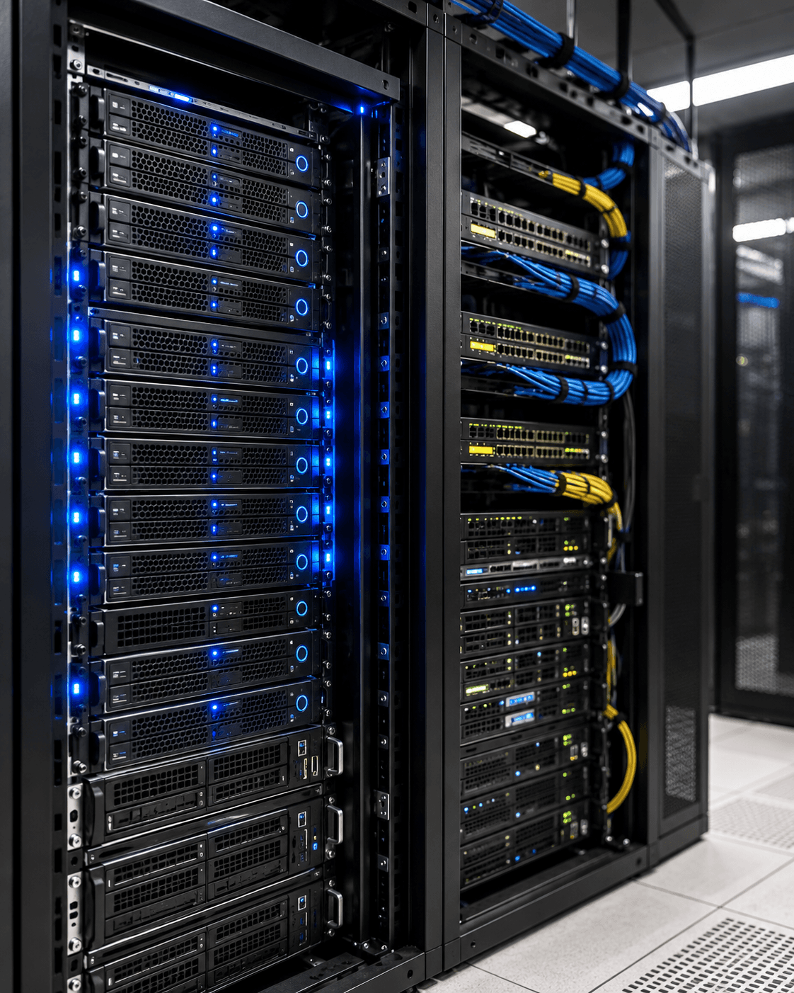 Server racks in a modern data center with glowing blue lights and organized network cabling.