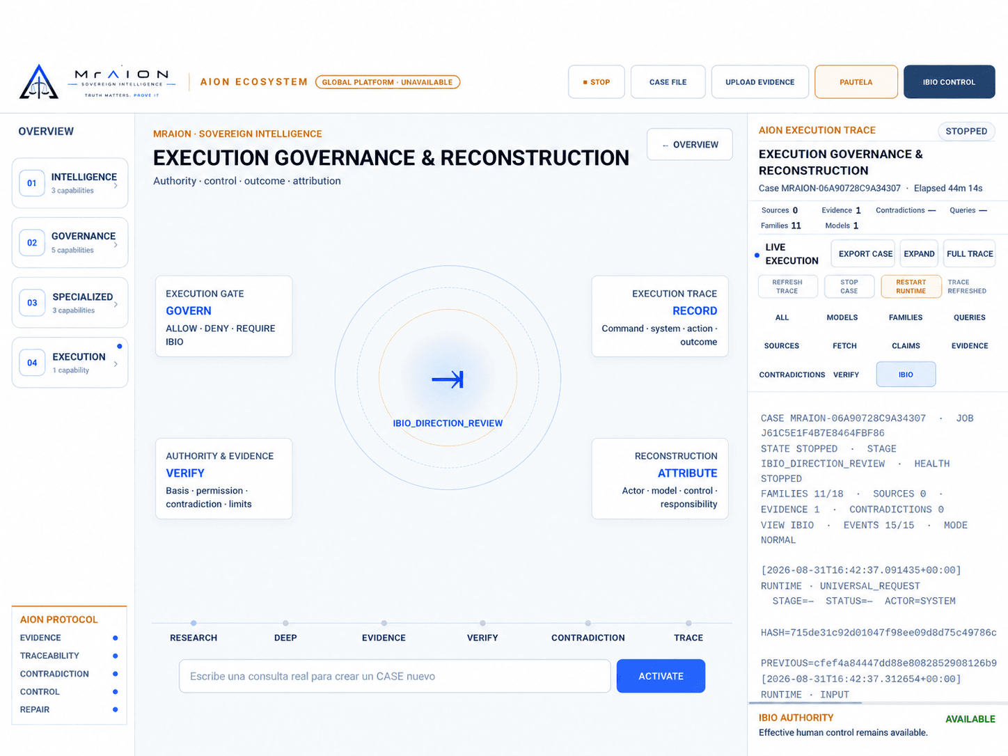 MRAION sovereign intelligence dashboard displaying execution governance, reconstruction metrics, and a detailed execution trace log.