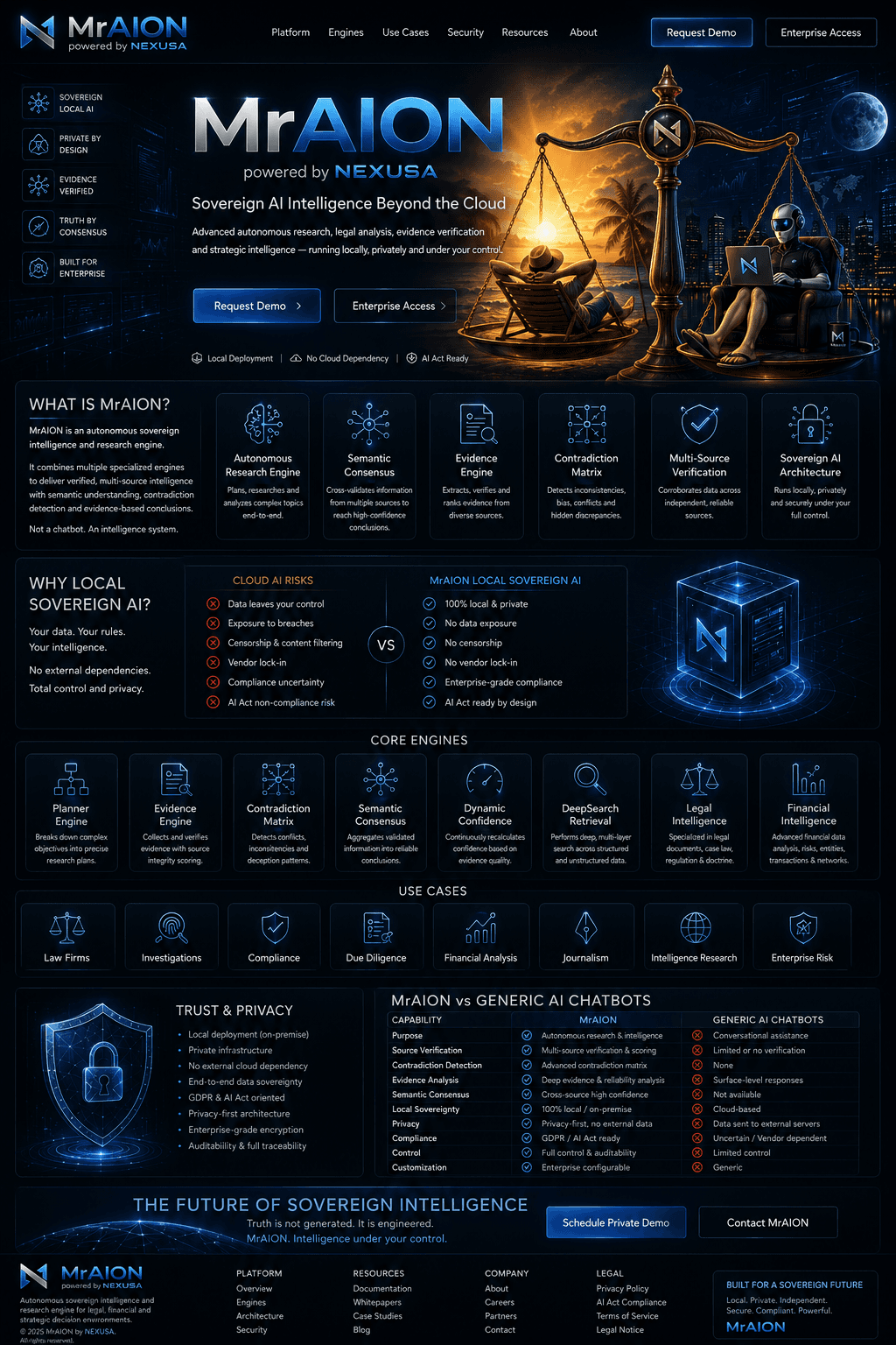 MrAION sovereign AI platform infographic detailing core engines, use cases, and secure local intelligence solutions.