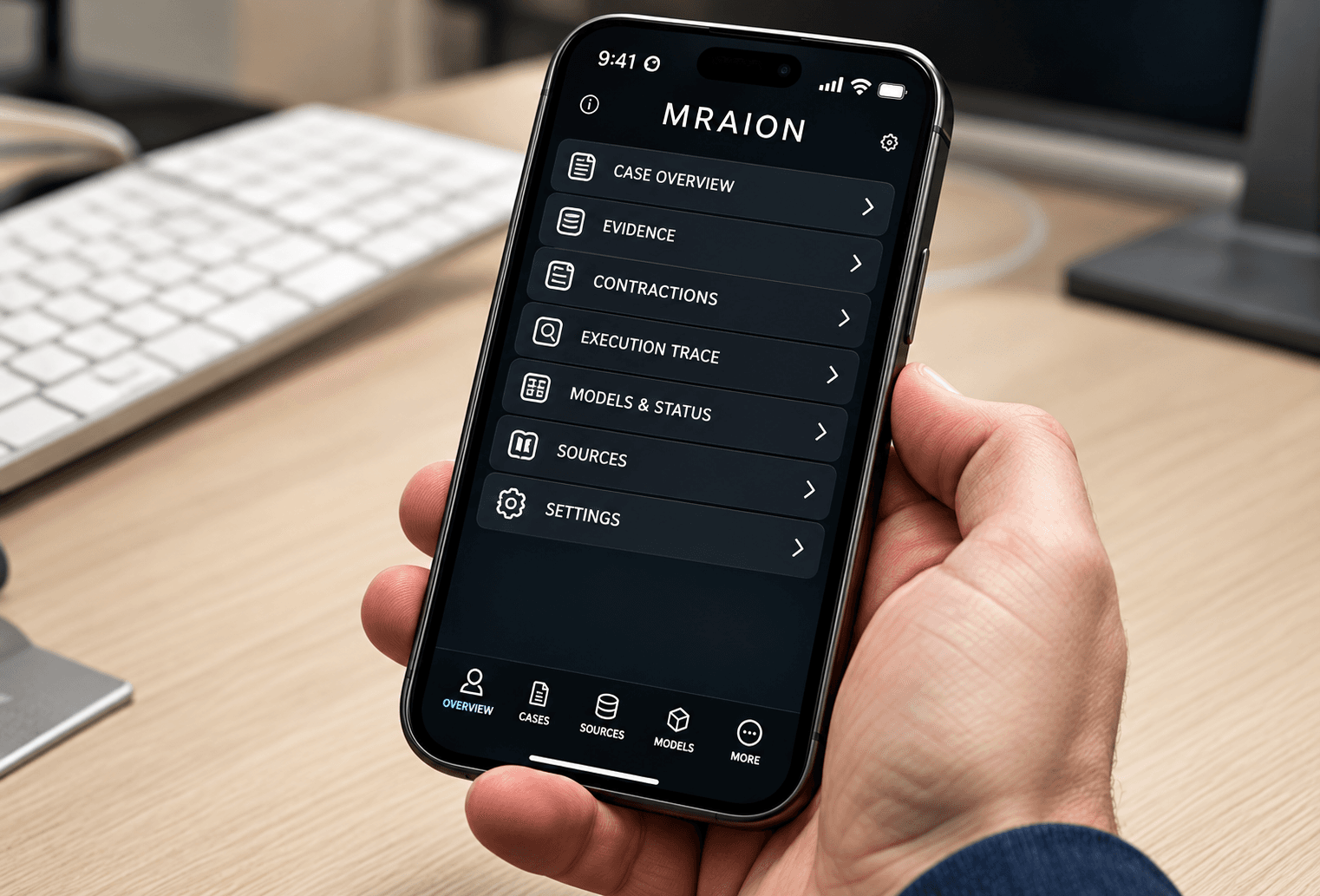 Hand holding a smartphone displaying a dark app menu with categories like Case Overview.