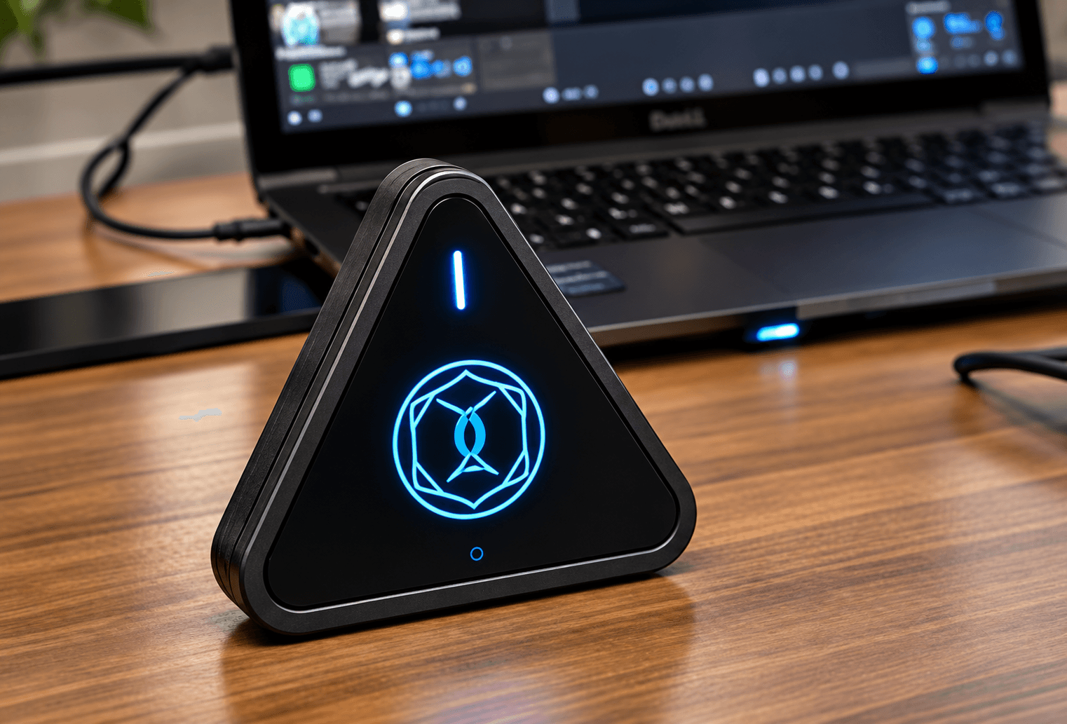 Black triangular device with glowing blue symbols on a wooden desk near a laptop.