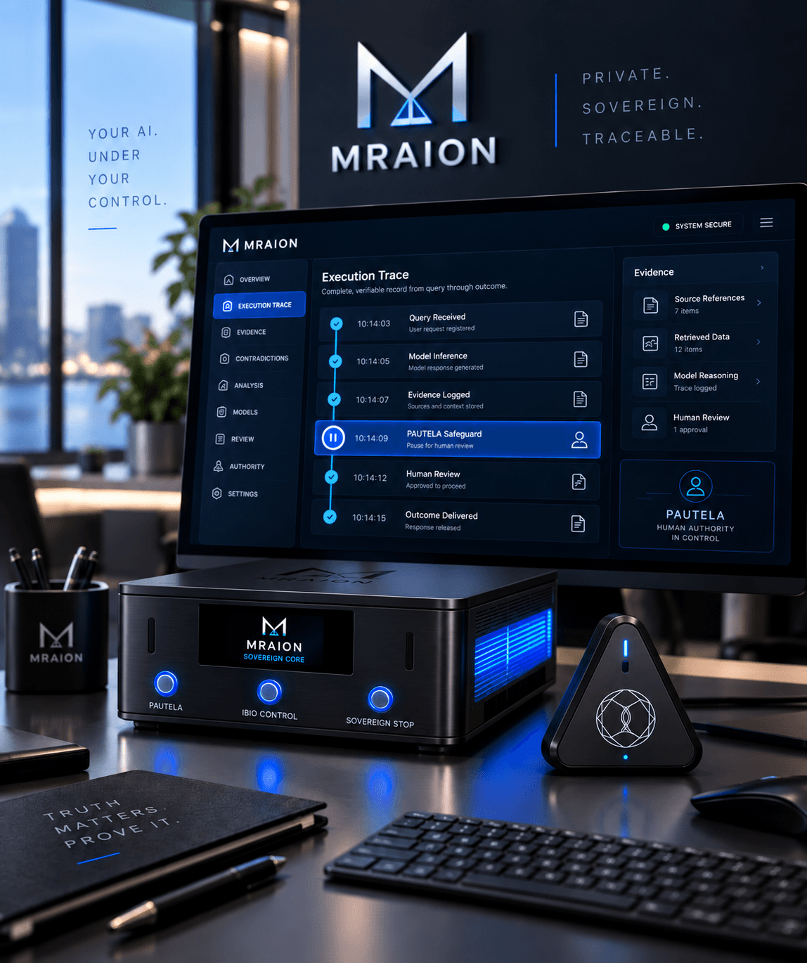 Sleek MRAION Sovereign Core hardware and monitor displaying a secure AI execution trace dashboard.