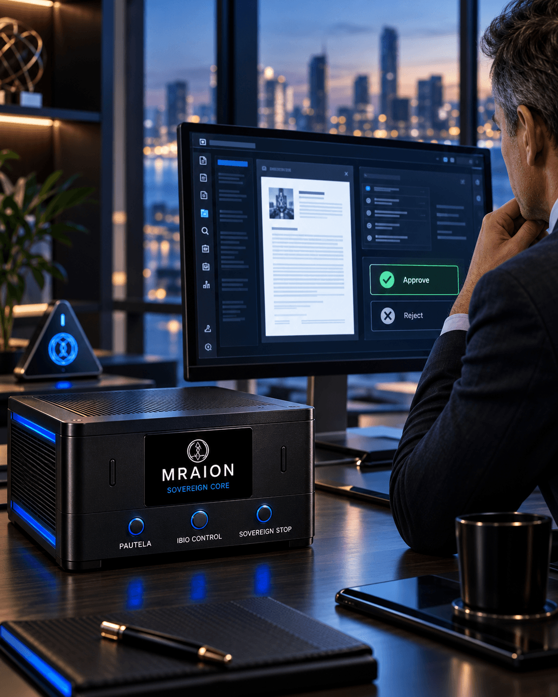Man reviews digital documents beside an MRAION Sovereign Core device overlooking a city at night.