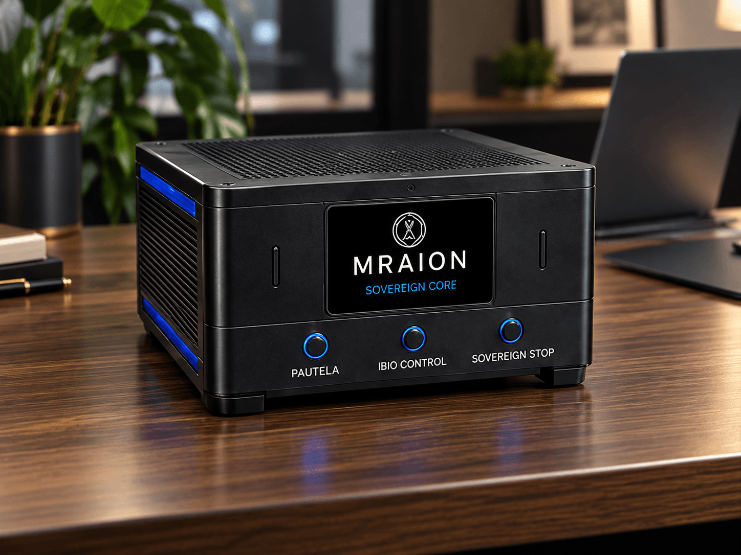 Black MRAION Sovereign Core device featuring illuminated blue buttons and screen on a wooden desk.